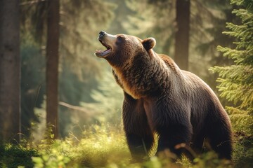 Brown grizzly bear roaring in the morning forest. Ai generative. - obrazy, fototapety, plakaty