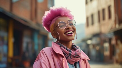 Pink hair young African woman laughing and looking at camera. Generative AI.