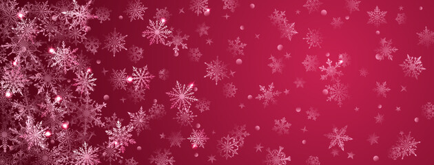 Christmas background of beautiful complex big and small snowflakes in red colors. Winter illustration with falling snow