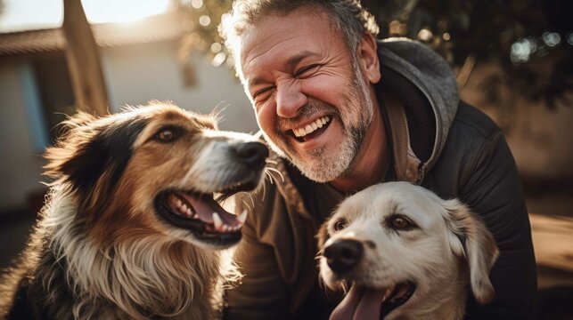 Caucasian man with his dogs. Pets love. Generative AI.