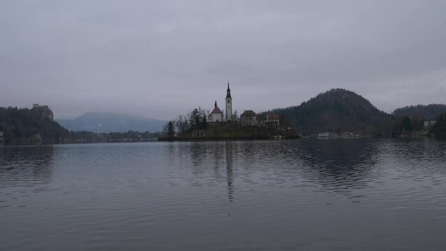 Lake Bled Church Island Morning Clouds in Winter Time