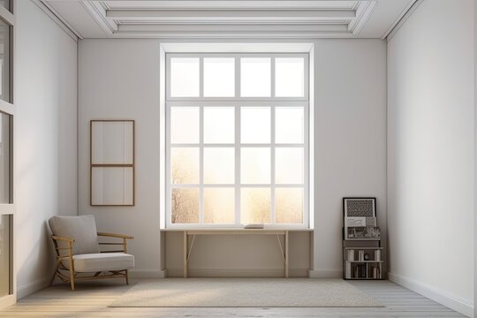 An empty white room with a white blank picture frame or poster on the wall that is lit by window light. Gallery design mockup. Generative AI