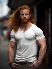 Man with red ginger hair wearing a white t-shirt (mockup)