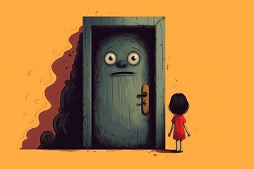 child little girl stand in front of door with monster illustration