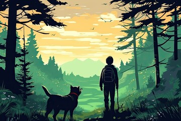 child with dog walk in forest illustration