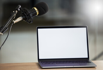 Microphone, laptop mockup and screen with audio, radio or podcast equipment with technology and...