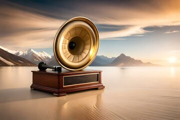 old gramophone on blue background generating by AI technology