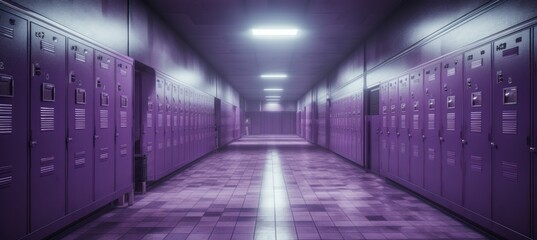Fototapeta premium Purple school corridor with student lockers. Generative AI technology.