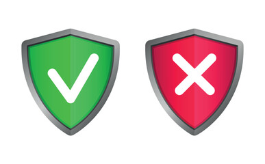 Shields and check marks icons set. Red and green shield with checkmark and x mark. Protection, safety, security, reliability concepts. Modern flat design graphic elements. Vector icons