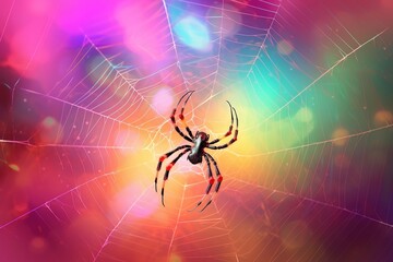 A spider in the center of its web on a color blur. Ai generative.
