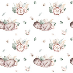 Watercolor newborn seamless pattern with babies boy girl. Birthday baby shower background of new born baby