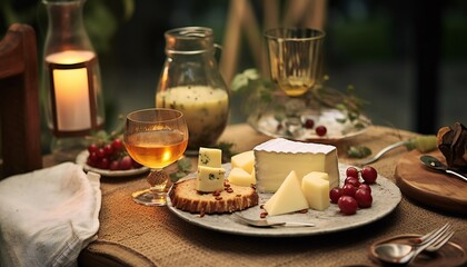 Decorated empty dining table with cheese plate, honey, and glass of drink
