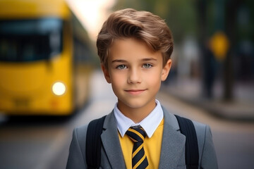 Portrait of a smiling happy caucasian elementary school boy dressed in a formal school uniform with a backpack on his back against the background of a school bus. Warm sunny day. Inauguration of the