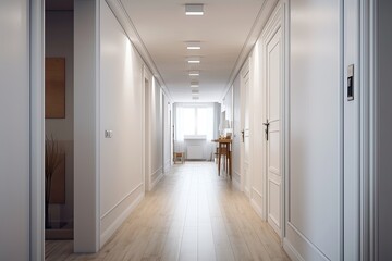 a white hallway leading to the rooms in the flat. Generative AI