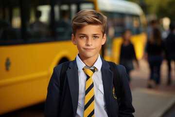 Portrait of a smiling happy caucasian elementary school boy dressed in a formal school uniform with a backpack on his back against the background of a school bus. Warm sunny day. Inauguration of the
