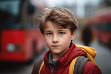 Portrait of a smiling happy caucasian elementary school boy dressed in a red jacket with a backpack on his back against the background of a school bus. Warm sunny autumn day. Inauguration of the