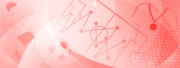 Abstract soccer background with a football player kicking the ball and other sport symbols in red colors