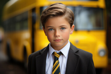Portrait of a smiling happy caucasian elementary school boy dressed in a formal school uniform with a backpack on his back against the background of a school bus. Warm sunny day. Inauguration of the