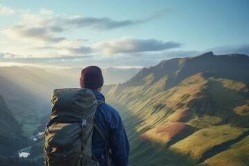 Young man hiking in the mountains wearing a hat, blue windbreaker and a backpack at sunset. He looks out at the mountains and valley in front of him.  - obrazy, fototapety, plakaty