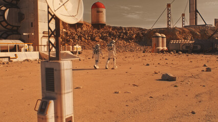 Two astronauts, scientists in spacesuits walk on Mars surface. Research station, colony or...
