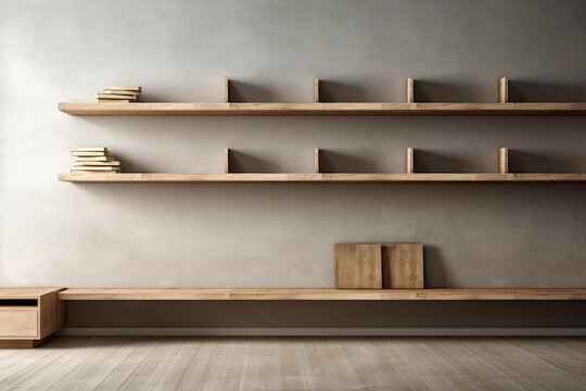 An empty wooden shelf display on a loft wall would make an ideal blank backdrop for a product presentation. Generative AI