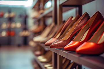 Shelf with high heel shoes in store