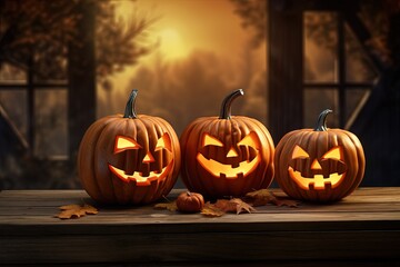 Fototapeta premium Halloween pumpkins on wooden table with bokeh lights background.Generative Ai