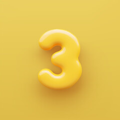 3D Yellow number 3 with a glossy surface on a yellow background .