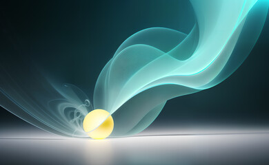 Glowing sphere and particles, dots and waves in green and yellow color, digital technology Abstract background.