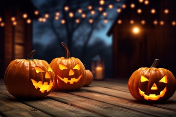 Fototapeta premium Halloween pumpkins on wooden table with bokeh lights background.Generative Ai