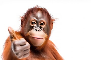 Baby orangutan showing thumb up gesture ok closeup. Ai generative.