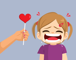Vector illustration of a crying toddler girl receiving a heart shaped lollipop. Cartoon drawing of mother arm giving her spoiled crying daughter candy manipulation concept