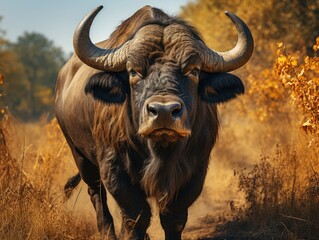African Buffalo - Syncerus caffer or Cape buffalo is a large Sub-Saharan African bovine. Portrait in the savannah in Masai Mara Kenya, big black horny mammal on the grass, front view.