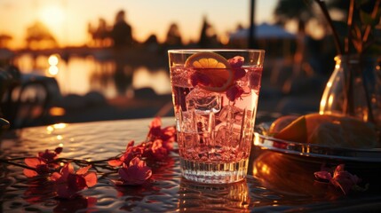Silhouette glasses of cocktail on tropical beach during dark evening sunset and dramatic golden twilight sky