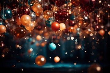 Party Background with lights, confetti, balloons and serpentine - obrazy, fototapety, plakaty