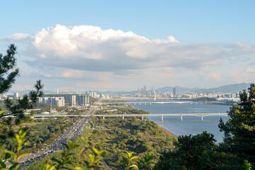 Fototapeta premium Panoramic view of Seoul city and Han river from Haengjusanseong Fortress in Goyang, Korea