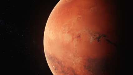 Realistic 3D animation of Mars rotating in dark outer space. Stars, galaxies in the background. Solar system planet. Future human colonization and universe exploration concept. Technological advance. © Framestock