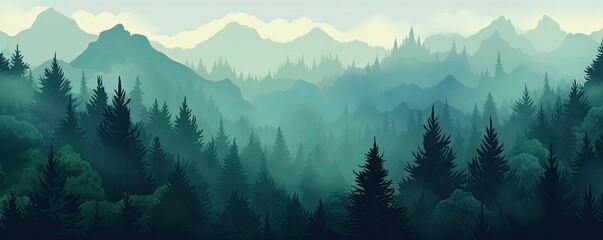 fir tree forest in fog nature landscape illustration