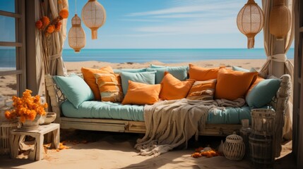 Outdoor restaurant at the beach. Table setting at tropical beach restaurant. Led light candles and wooden tables, chairs under beautiful sunset sky, sea view. Luxury hotel or resort restaurant