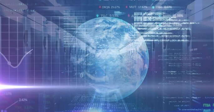 Animation of binary codes, graphs, trading boards, globe and computer language over server room