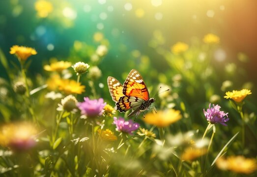 Sunny summer nature background with fly butterfly and wild flowers in grass with sunlight and bokeh. Outdoor nature