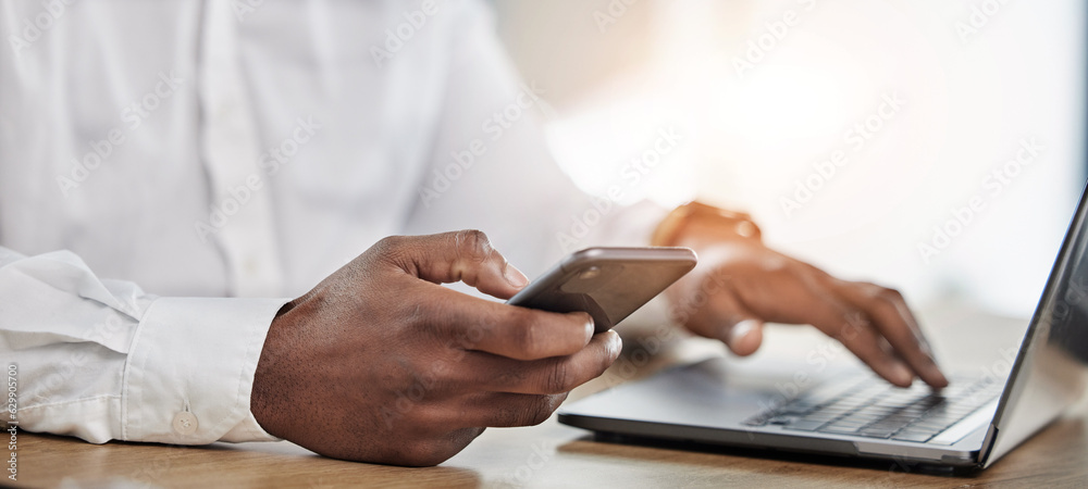 Poster hands, business and man with a smartphone, laptop and typing to update software, network and connect