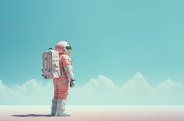 Astronaut with school backpack waiting for a ride. Back to school conceptual background. Ai generated image - obrazy, fototapety, plakaty
