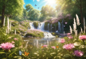 Summer forest waterfall glade with flowering grass and butterflies on a sunny day