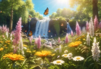 Summer forest waterfall glade with flowering grass and butterflies on a sunny day