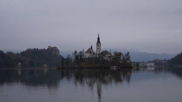 Lake Bled Church Island Morning Clouds in Winter Time