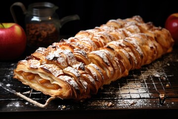 freshly baked apple strudel cooling on rack