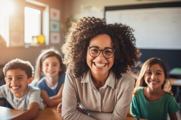 Young African-American Teacher with glasses and 4th grade class of students smiling at the camera. Back to school concept.