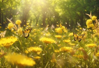 Obraz premium Summer forest glade with yellow flowering grass and butterflies on a sunny day