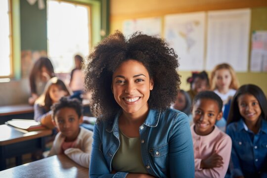 Young African-American Teacher and 4th grade class of students smiling at the camera. Back to school concept.